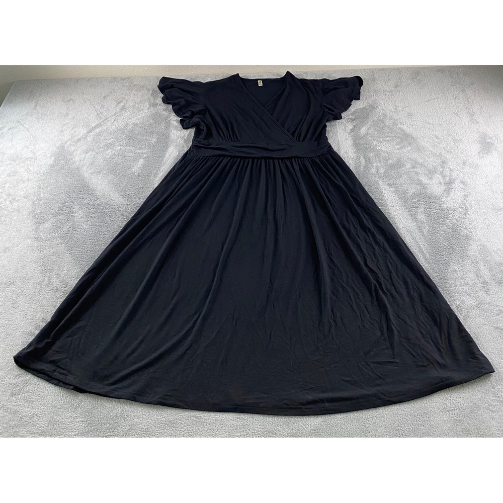 Grecerelle Black Faux Wrap Flutter Sleeve Empire Waist Midi Dress 2XL